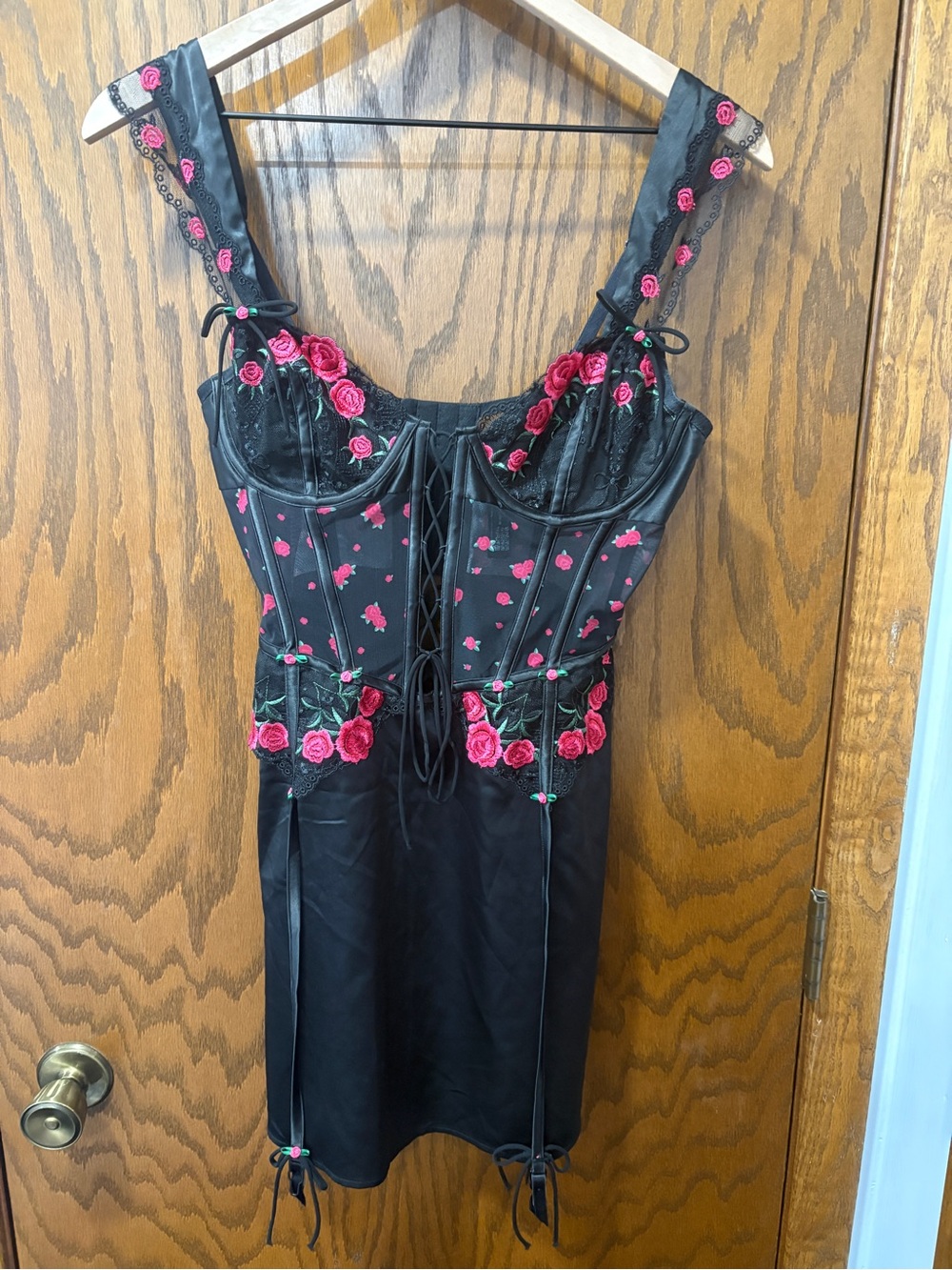 For Love & Lemons Roja Black Lace-Up Bustier Mini Dress Pink Rose Embroidery M
